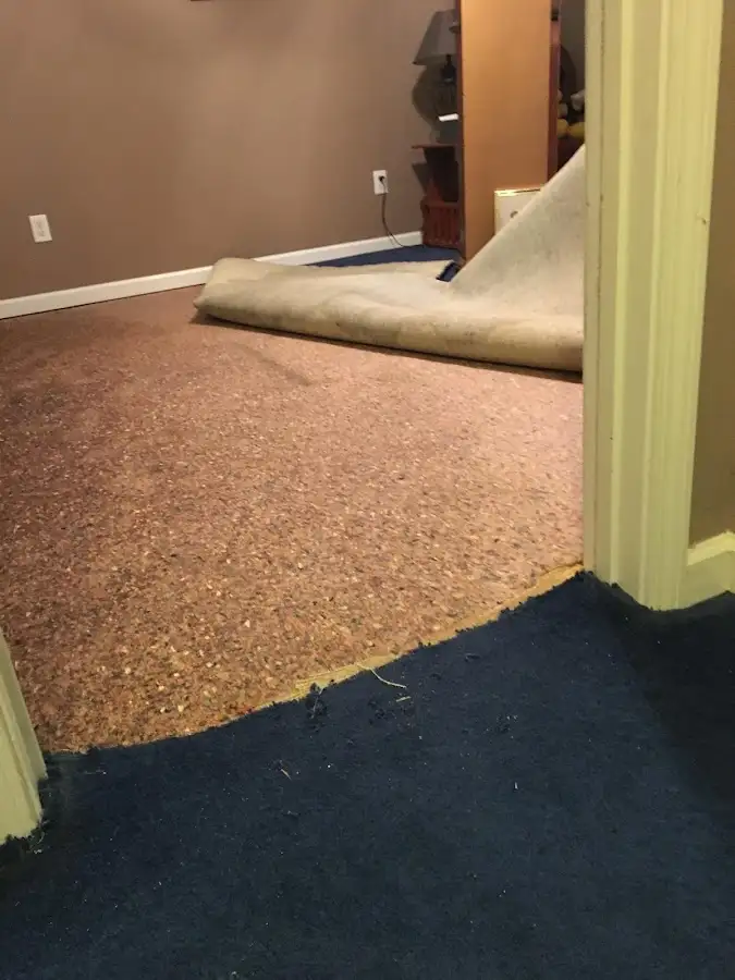Carpet pad removal revealing water damage during Water Mitigation Services in Aspen Hill