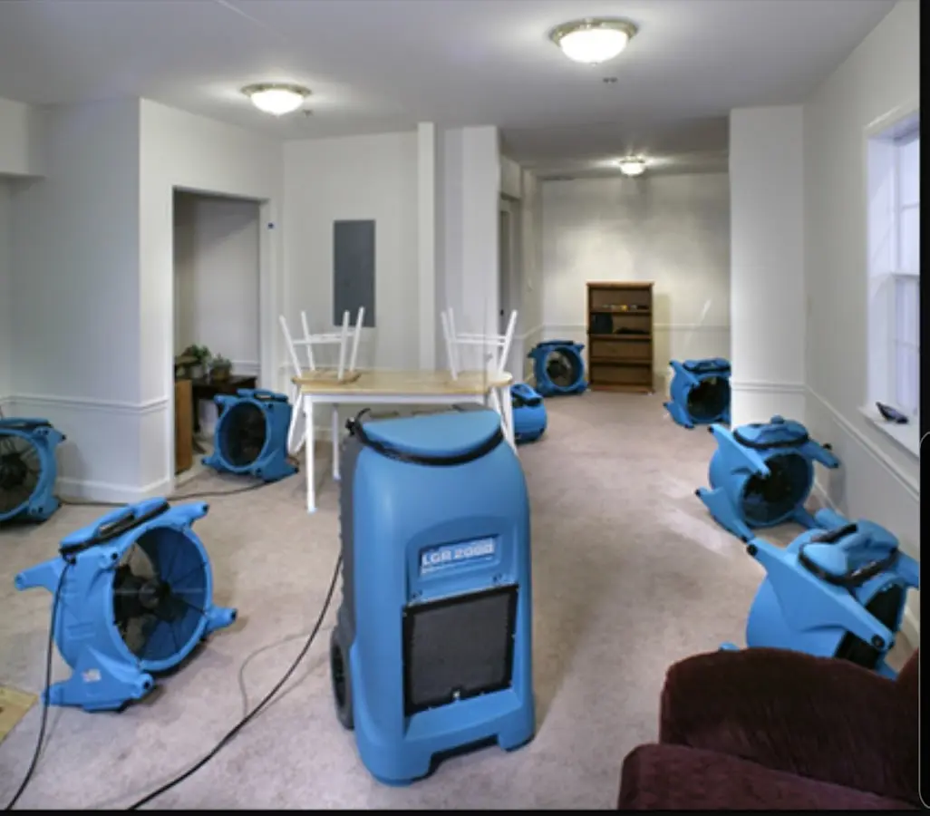 Air movers and dehumidifier setup for Water Damage Restoration in Aspen Hill